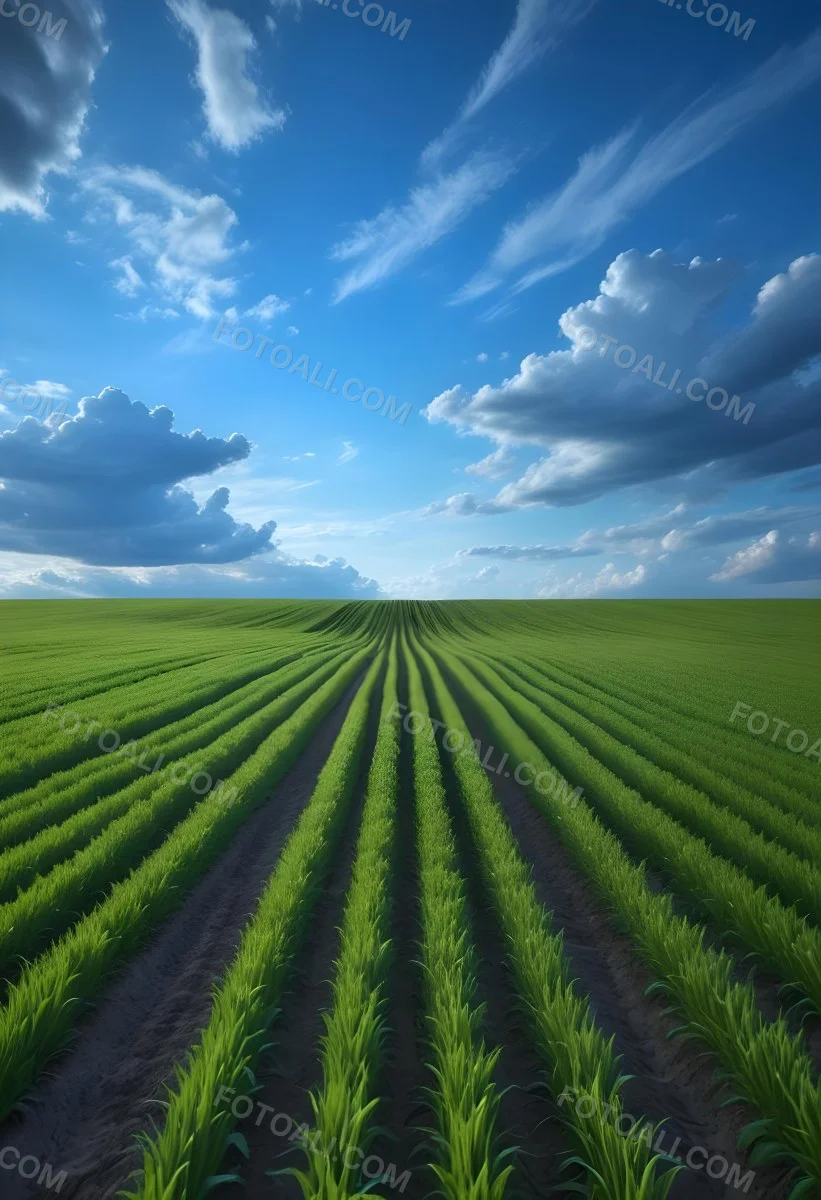 Minimal Soft Studio Light Photography A Vast Green Field With Rows Of Crops Stretching Out Under A Dramatic Blue Sky With Wispy Clouds High Detail Solid Bold Color Background 1 0ae5