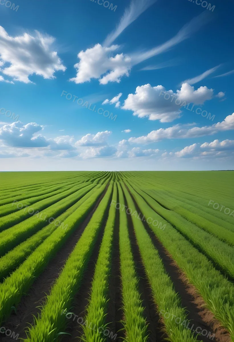 Minimal Soft Studio Light Photography A Vast Green Field With Rows Of Crops Stretching Out Under A Dramatic Blue Sky With Wispy Clouds High Detail Solid Bold Color Background 10 D196