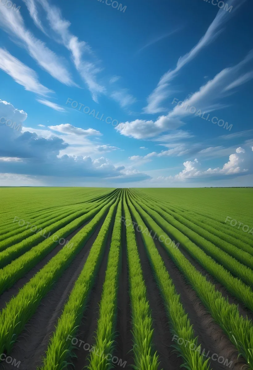 Minimal Soft Studio Light Photography A Vast Green Field With Rows Of Crops Stretching Out Under A Dramatic Blue Sky With Wispy Clouds High Detail Solid Bold Color Background 12 5f02