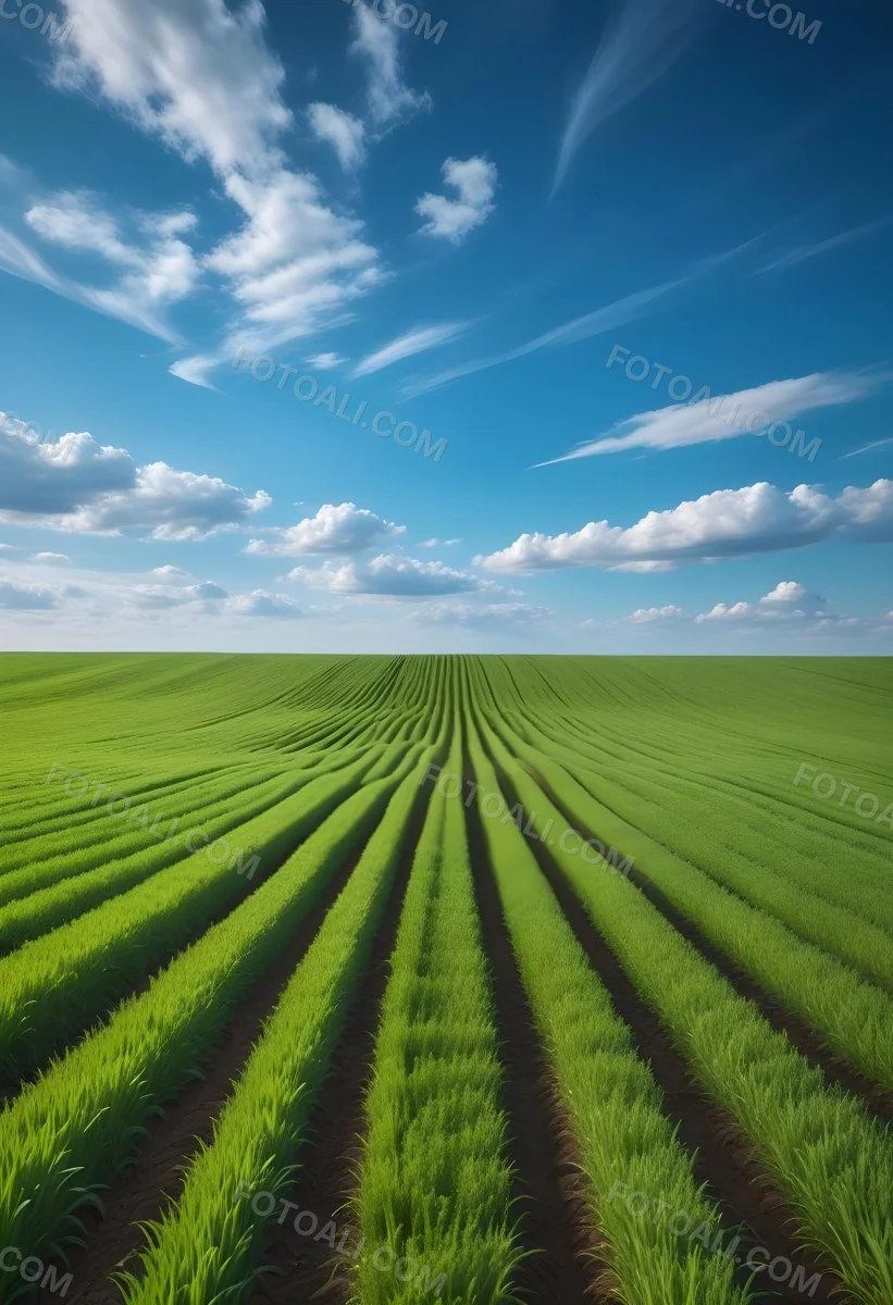 Minimal Soft Studio Light Photography A Vast Green Field With Rows Of Crops Stretching Out Under A Dramatic Blue Sky With Wispy Clouds High Detail Solid Bold Color Background 7 E36e