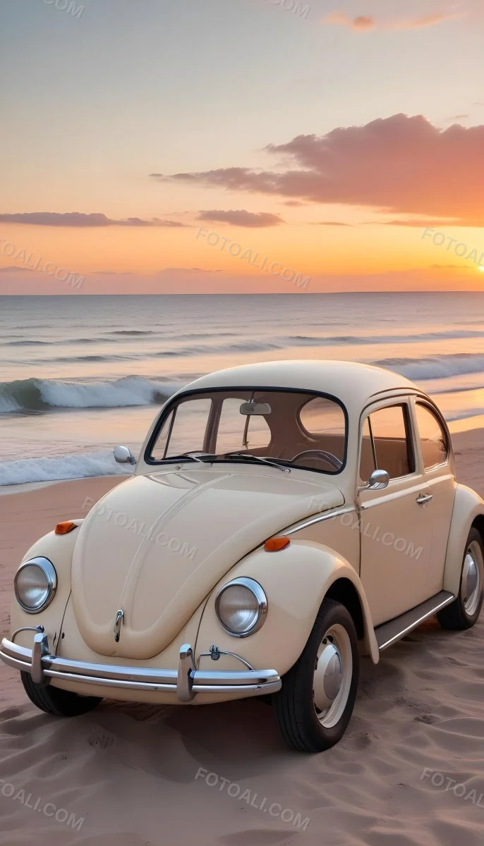 Minimal Soft Studio Light Photography A Vintage White Volkswagen Beetle Parked On A Beach At Sunset With The Ocean And A Colorful Sky In The Background High Detail Solid Bold Color Background 11 488b