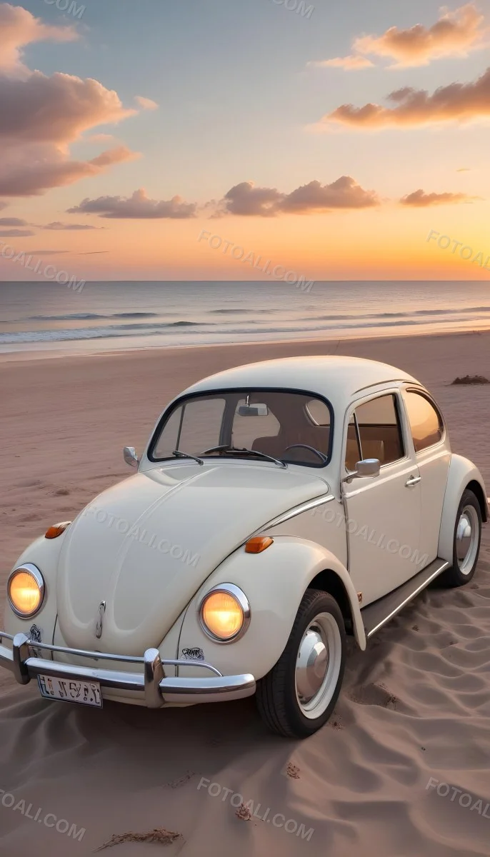 Minimal Soft Studio Light Photography A Vintage White Volkswagen Beetle Parked On A Beach At Sunset With The Ocean And A Colorful Sky In The Background High Detail Solid Bold Color Background 13 6d3f
