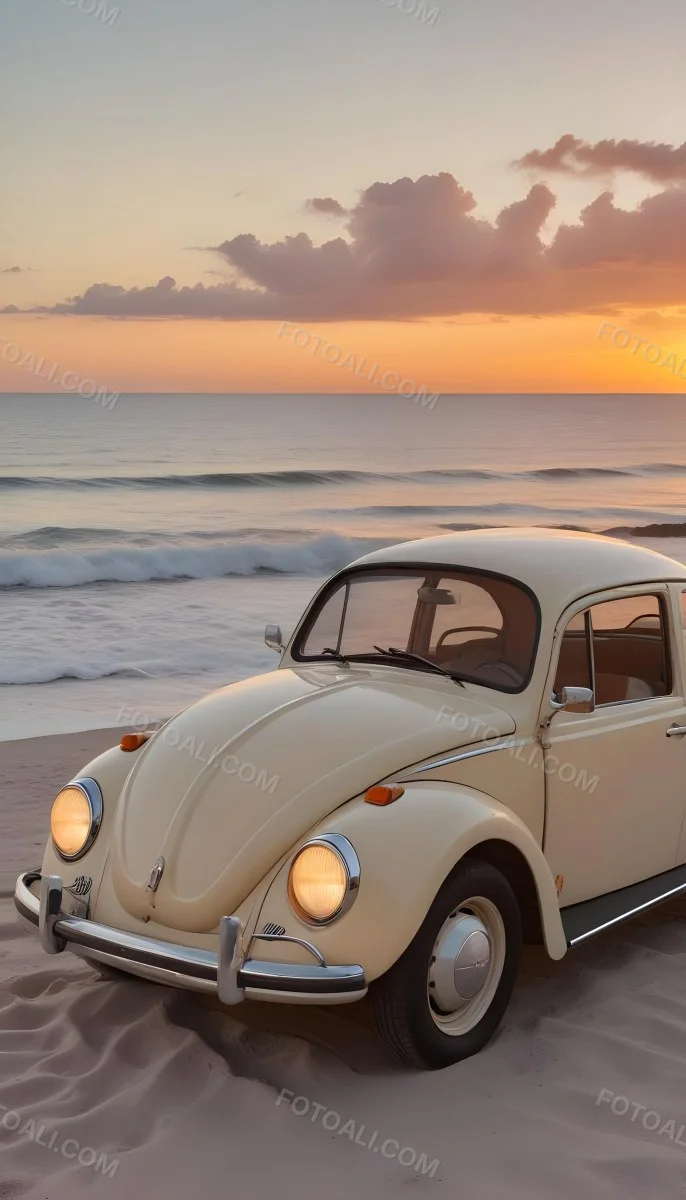 Minimal Soft Studio Light Photography A Vintage White Volkswagen Beetle Parked On A Beach At Sunset With The Ocean And A Colorful Sky In The Background High Detail Solid Bold Color Background 16 Ee7c