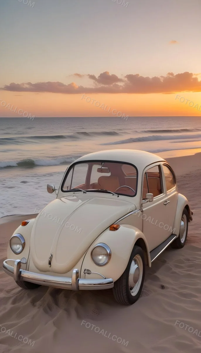 Minimal Soft Studio Light Photography A Vintage White Volkswagen Beetle Parked On A Beach At Sunset With The Ocean And A Colorful Sky In The Background High Detail Solid Bold Color Background 4 9f89