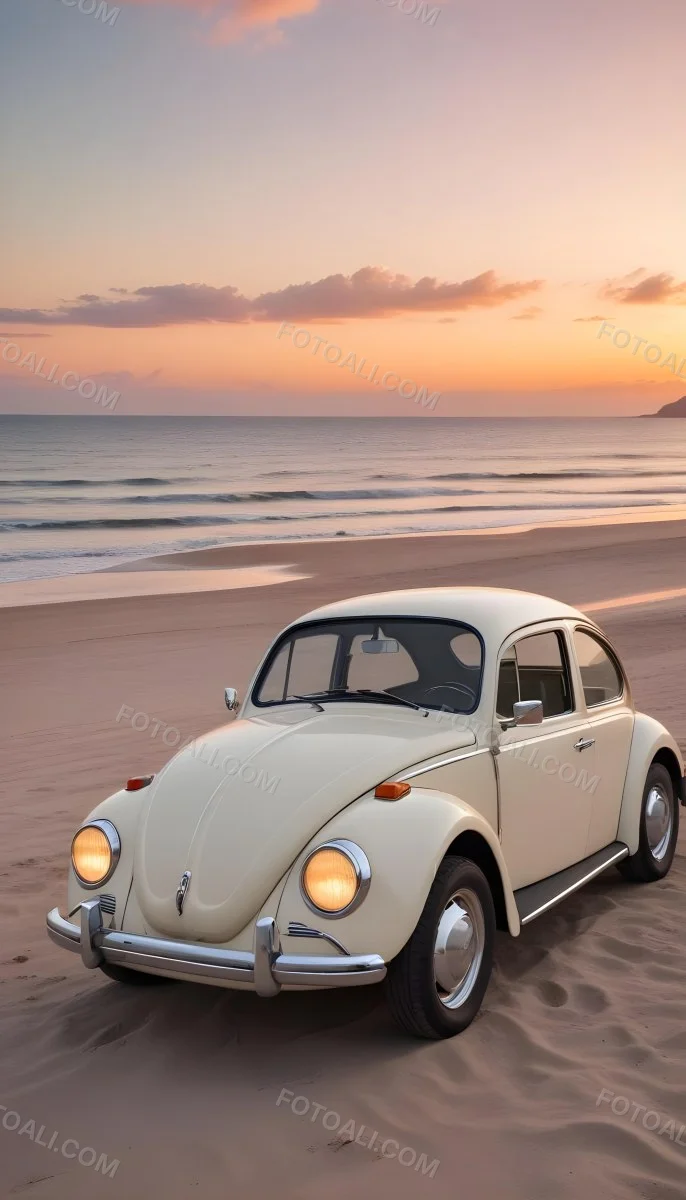 Minimal Soft Studio Light Photography A Vintage White Volkswagen Beetle Parked On A Beach At Sunset With The Ocean And A Colorful Sky In The Background High Detail Solid Bold Color Background 5 29e2