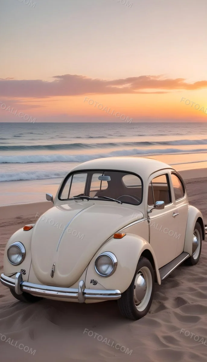 Minimal Soft Studio Light Photography A Vintage White Volkswagen Beetle Parked On A Beach At Sunset With The Ocean And A Colorful Sky In The Background High Detail Solid Bold Color Background 6 1812