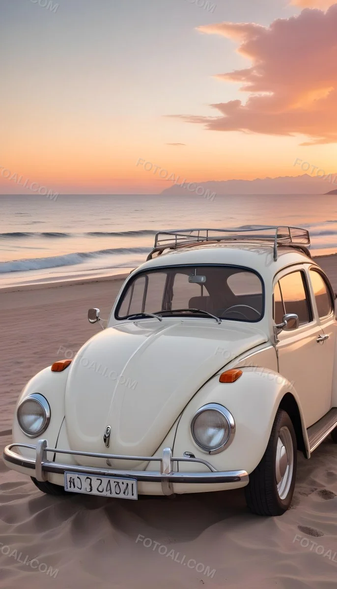 Minimal Soft Studio Light Photography A Vintage White Volkswagen Beetle Parked On A Beach At Sunset With The Ocean And A Colorful Sky In The Background High Detail Solid Bold Color Background 7 2226