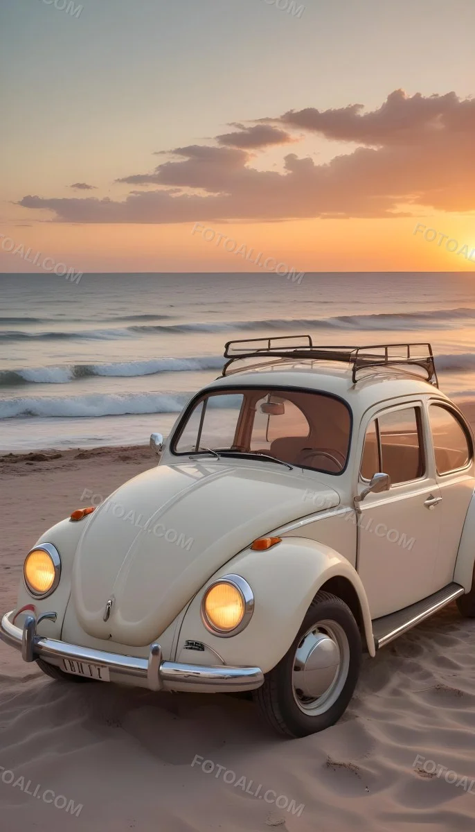 Minimal Soft Studio Light Photography A Vintage White Volkswagen Beetle Parked On A Beach At Sunset With The Ocean And A Colorful Sky In The Background High Detail Solid Bold Color Background 9 6f0f
