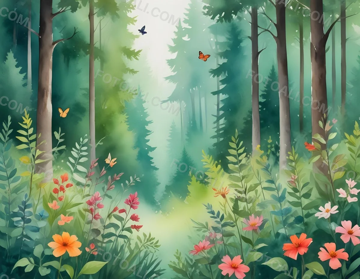 Minimal Soft Studio Light Photography A Watercolor Painting Of A Lush Green Forest With Tall Trees Vibrant Foliage And A Variety Of Colorful Flowers In The Foreground A Butterfly And A Bird High Detail Solid Bold 14 3ef0