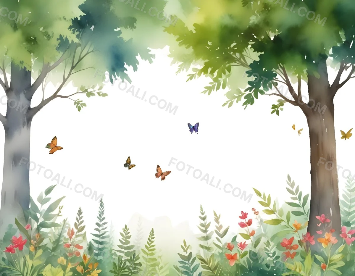 Minimal Soft Studio Light Photography A Watercolor Painting Of A Lush Green Forest With Tall Trees Vibrant Foliage And A Variety Of Colorful Flowers In The Foreground A Butterfly And A Bird High Detail Solid Bold 18 0be2