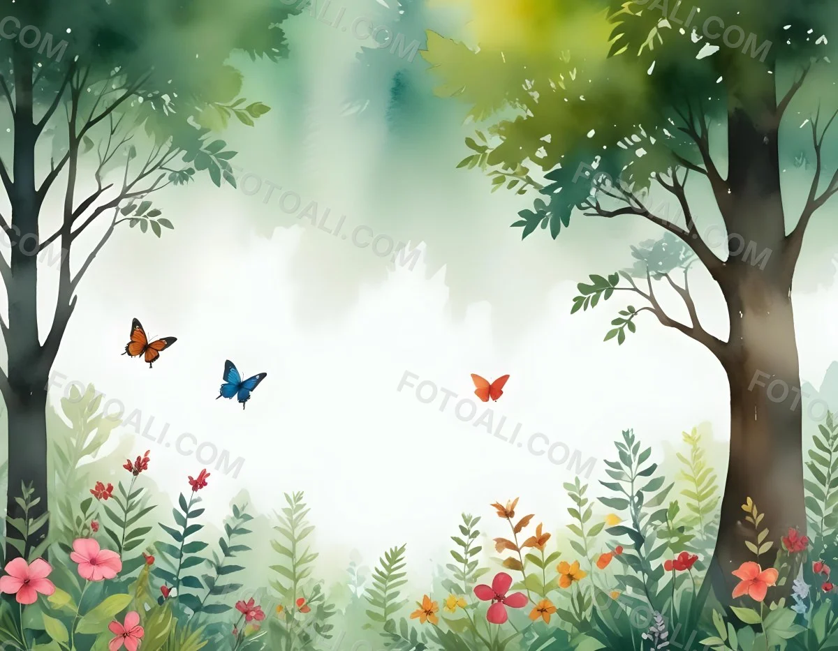 Minimal Soft Studio Light Photography A Watercolor Painting Of A Lush Green Forest With Tall Trees Vibrant Foliage And A Variety Of Colorful Flowers In The Foreground A Butterfly And A Bird High Detail Solid Bold 28 802d