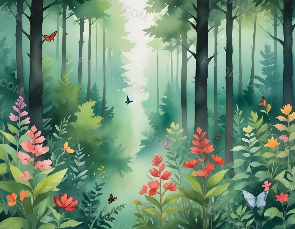 Minimal Soft Studio Light Photography A Watercolor Painting Of A Lush Green Forest With Tall Trees Vibrant Foliage And A Variety Of Colorful Flowers In The Foreground A Butterfly And A Bird High Detail Solid Bold 4 651f