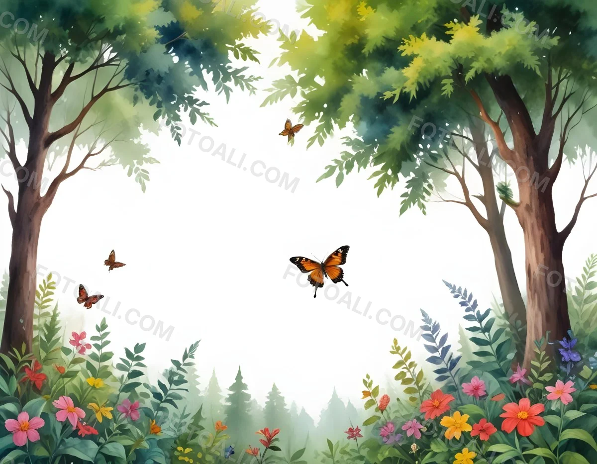 Minimal Soft Studio Light Photography A Watercolor Painting Of A Lush Green Forest With Tall Trees Vibrant Foliage And A Variety Of Colorful Flowers In The Foreground A Butterfly And A Bird High Detail Solid Bold 48 2c74