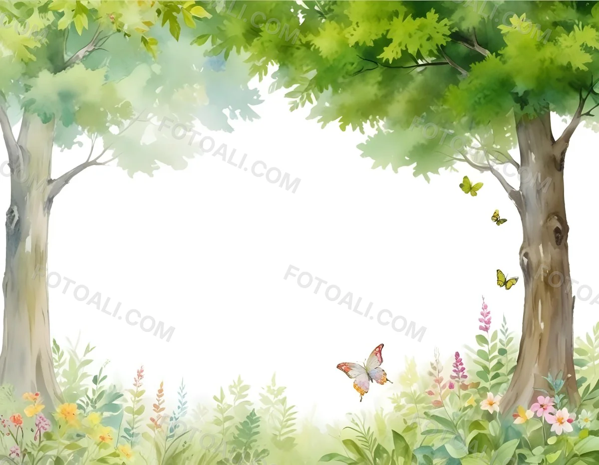 Minimal Soft Studio Light Photography A Watercolor Painting Of A Lush Green Forest With Tall Trees Vibrant Foliage And A Variety Of Colorful Flowers In The Foreground A Butterfly And A Bird High Detail Solid Bold 5 7924