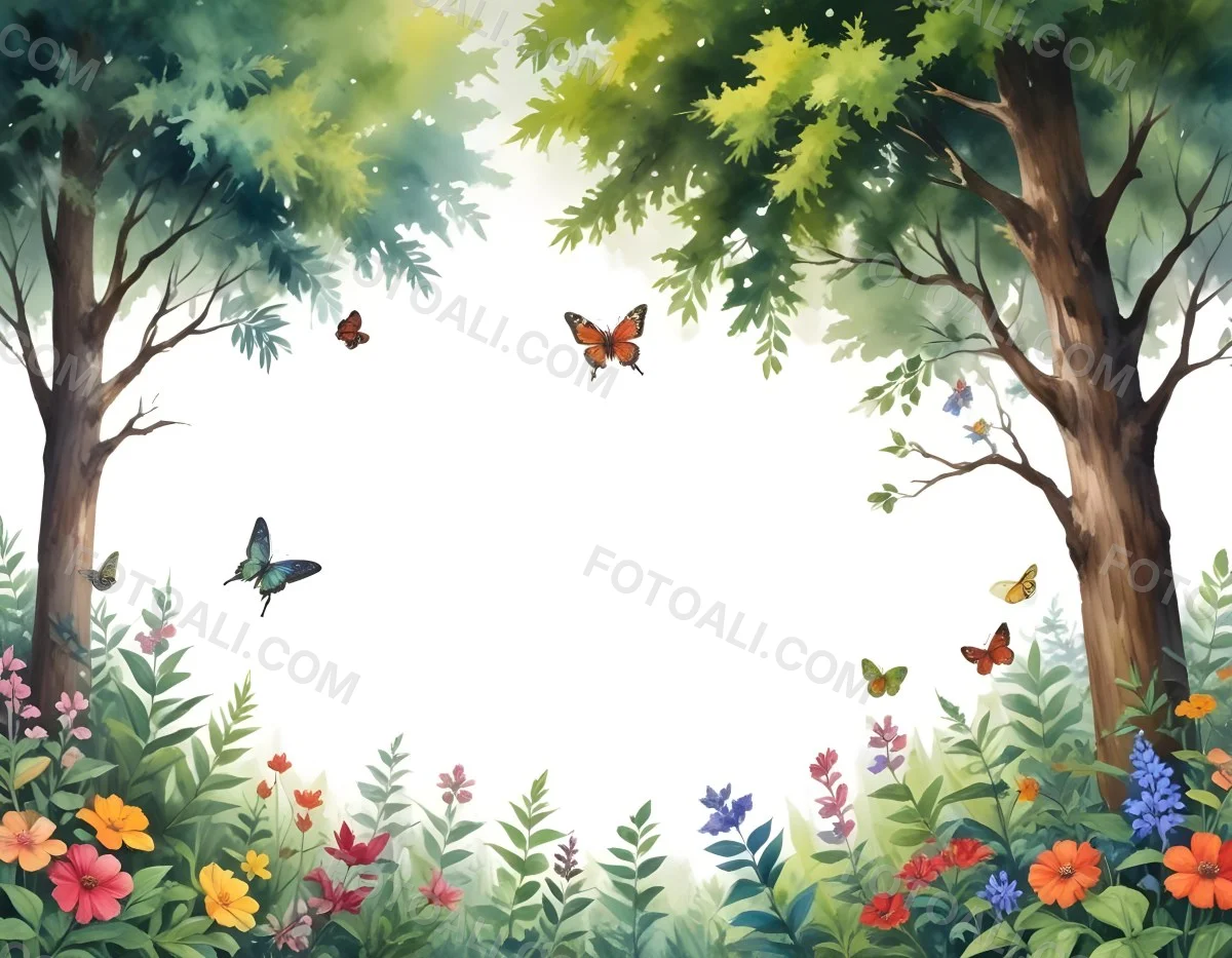 Minimal Soft Studio Light Photography A Watercolor Painting Of A Lush Green Forest With Tall Trees Vibrant Foliage And A Variety Of Colorful Flowers In The Foreground A Butterfly And A Bird High Detail Solid Bold 50 C735