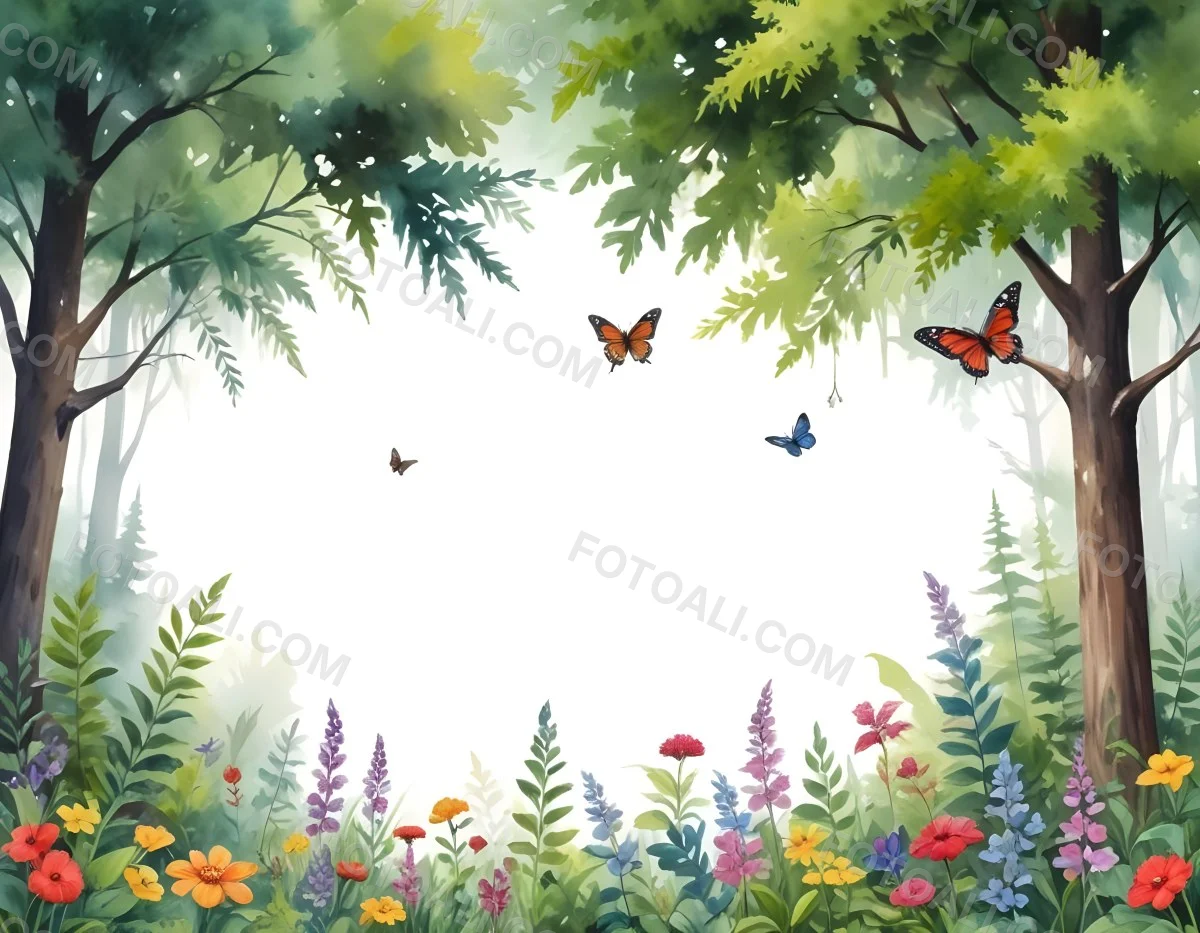 Minimal Soft Studio Light Photography A Watercolor Painting Of A Lush Green Forest With Tall Trees Vibrant Foliage And A Variety Of Colorful Flowers In The Foreground A Butterfly And A Bird High Detail Solid Bold 51 92b7