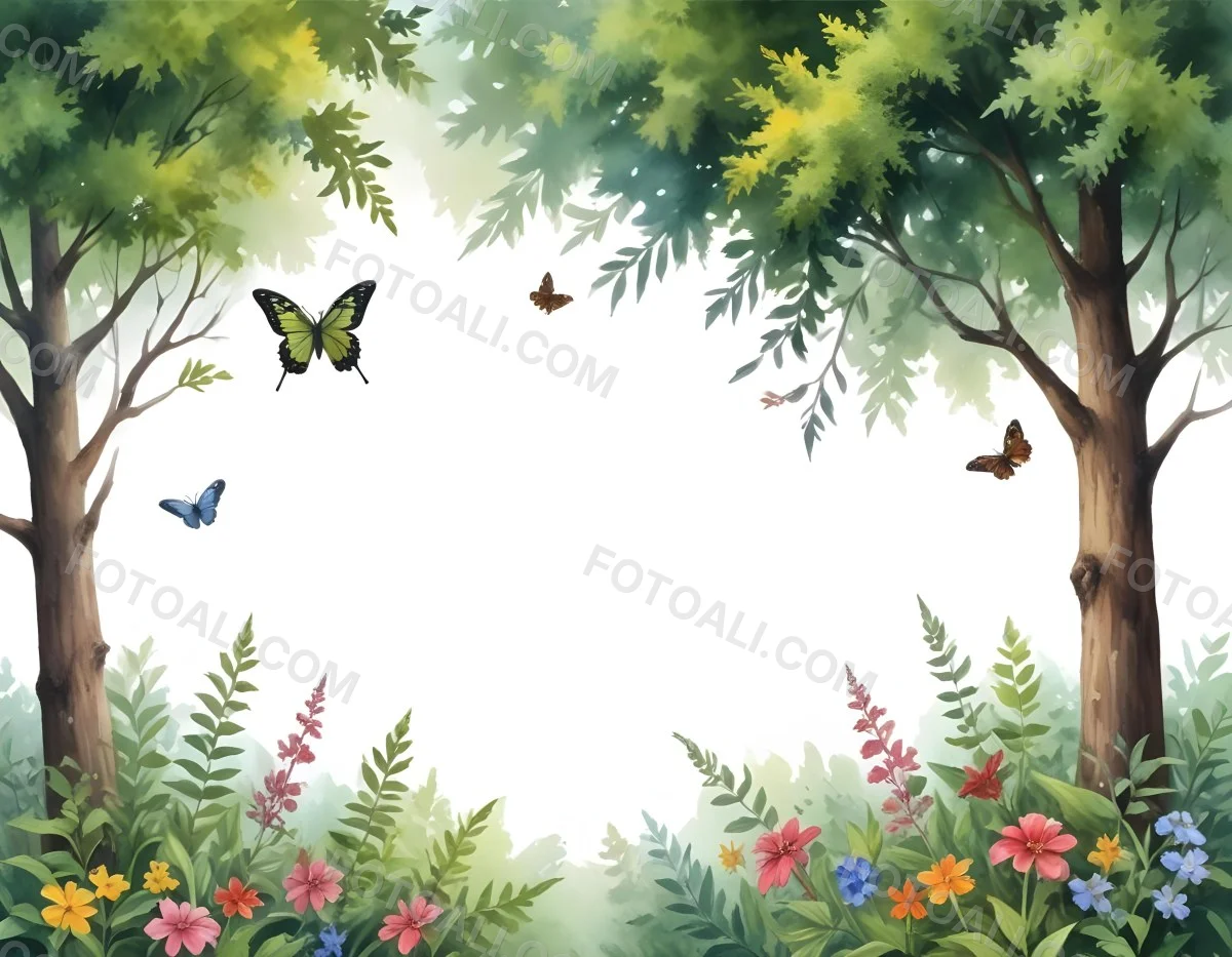 Minimal Soft Studio Light Photography A Watercolor Painting Of A Lush Green Forest With Tall Trees Vibrant Foliage And A Variety Of Colorful Flowers In The Foreground A Butterfly And A Bird High Detail Solid Bold 52 5db0