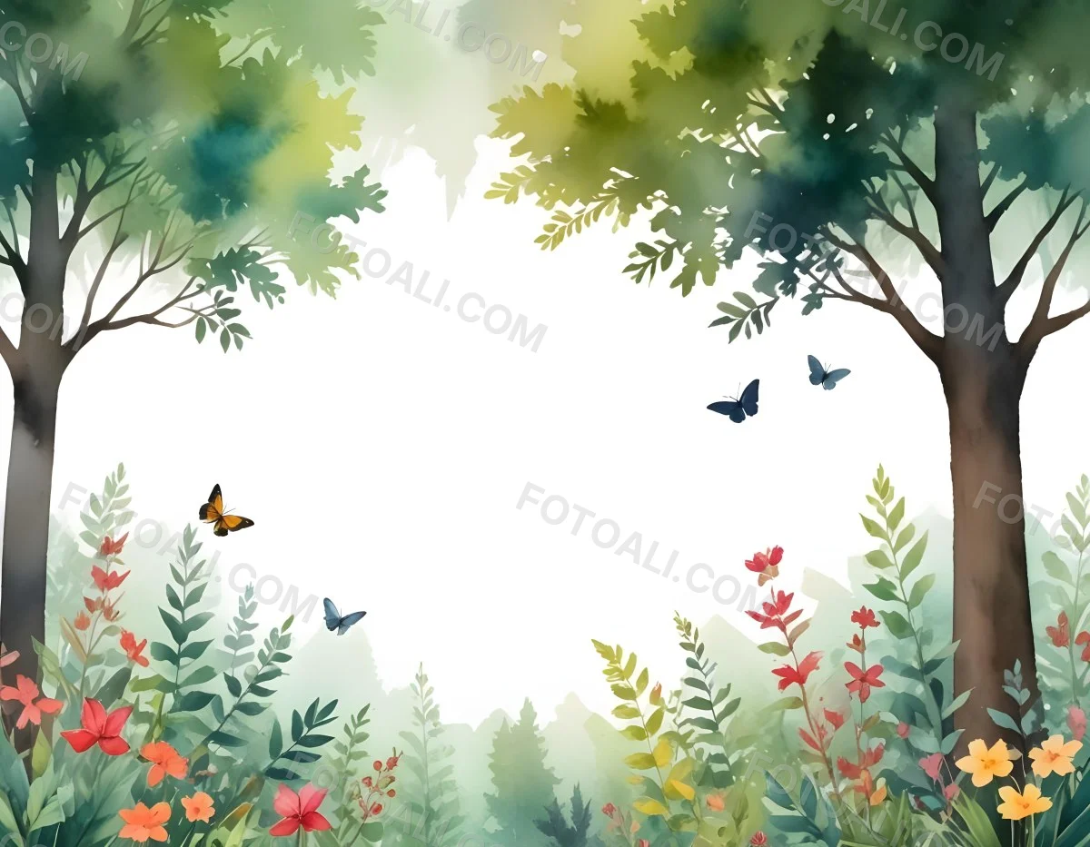 Minimal Soft Studio Light Photography A Watercolor Painting Of A Lush Green Forest With Tall Trees Vibrant Foliage And A Variety Of Colorful Flowers In The Foreground A Butterfly And A Bird High Detail Solid Bold 6 F477