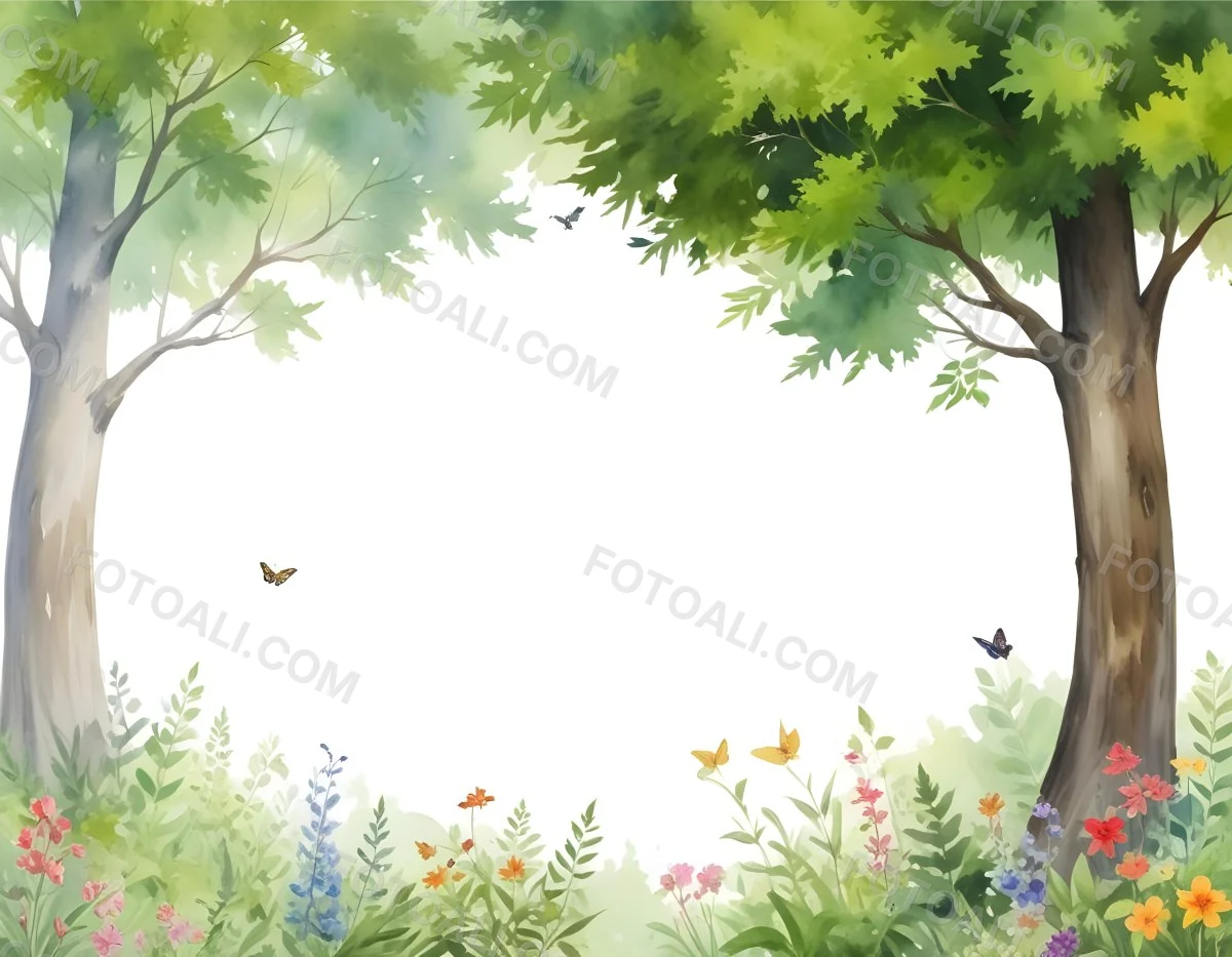 Minimal Soft Studio Light Photography A Watercolor Painting Of A Lush Green Forest With Tall Trees Vibrant Foliage And A Variety Of Colorful Flowers In The Foreground A Butterfly And A Bird High Detail Solid Bold 7 C54c