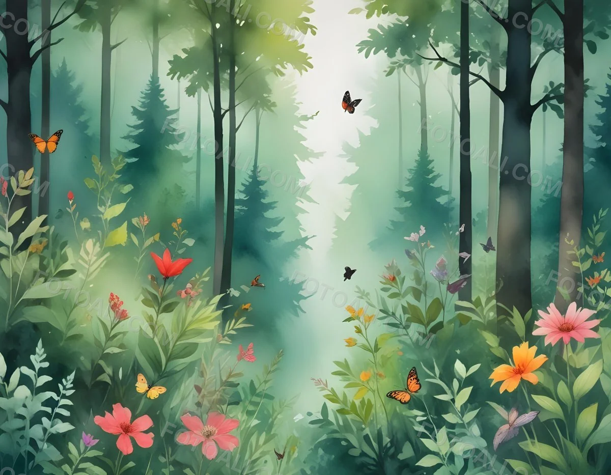 Minimal Soft Studio Light Photography A Watercolor Painting Of A Lush Green Forest With Tall Trees Vibrant Foliage And A Variety Of Colorful Flowers In The Foreground A Butterfly And A Bird High Detail Solid Bold 8 00a3