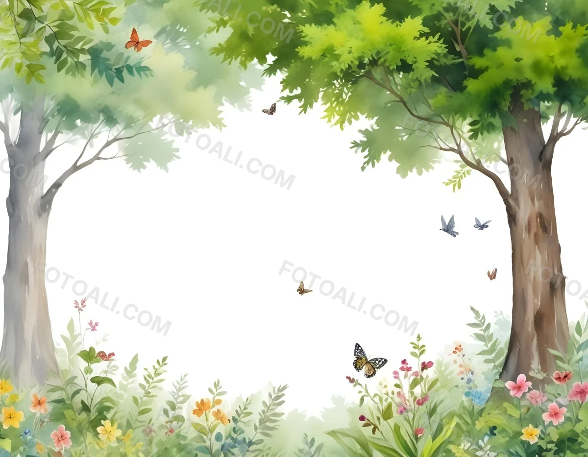 Minimal Soft Studio Light Photography A Watercolor Painting Of A Lush Green Forest With Tall Trees Vibrant Foliage And A Variety Of Colorful Flowers In The Foreground A Butterfly And A Bird High Detail Solid Bold 9 85a7