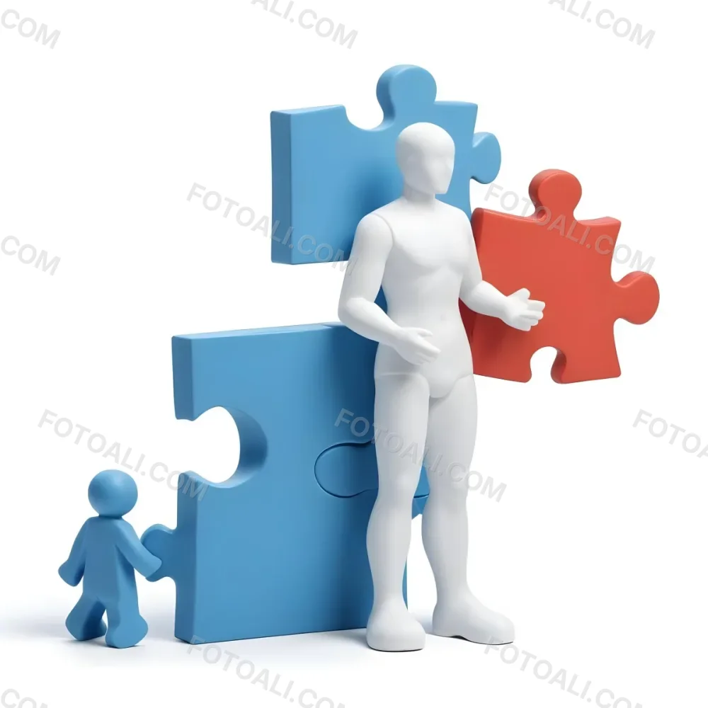 Minimal Soft Studio Light Photography A White 3d Figure Holding A Blue Puzzle Piece And Standing Next To Two Blue Puzzle Pieces Representing Problem Solving And Teamwork High Detail Solid Bold Color Backgroun 12 533c