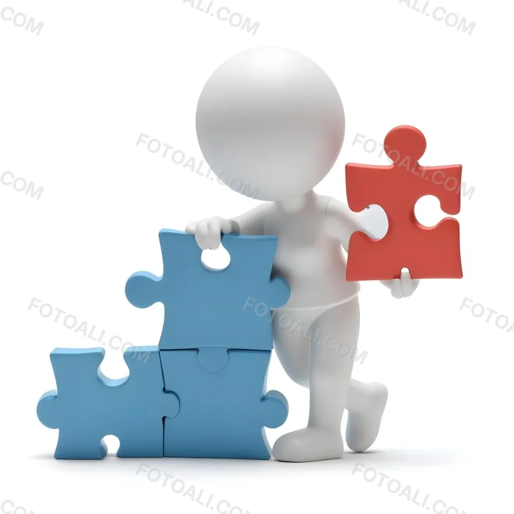 Minimal Soft Studio Light Photography A White 3d Figure Holding A Blue Puzzle Piece And Standing Next To Two Blue Puzzle Pieces Representing Problem Solving And Teamwork High Detail Solid Bold Color Backgroun 3 Aa39