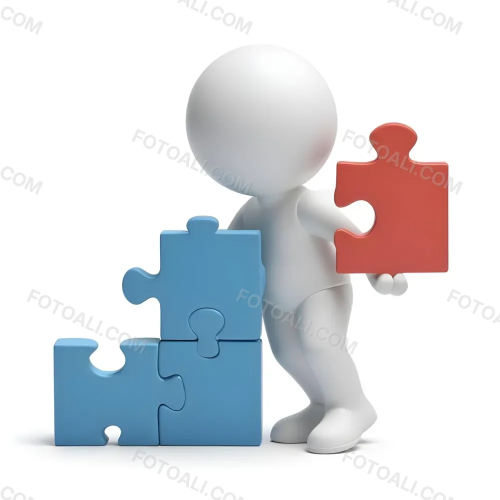 Minimal Soft Studio Light Photography A White 3d Figure Holding A Blue Puzzle Piece And Standing Next To Two Blue Puzzle Pieces Representing Problem Solving And Teamwork High Detail Solid Bold Color Backgroun 5 493b
