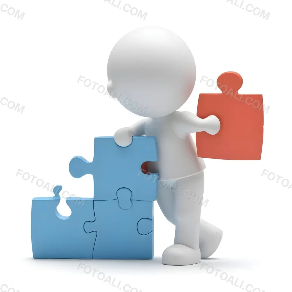 Minimal Soft Studio Light Photography A White 3d Figure Holding A Blue Puzzle Piece And Standing Next To Two Blue Puzzle Pieces Representing Problem Solving And Teamwork High Detail Solid Bold Color Backgroun 9 1568
