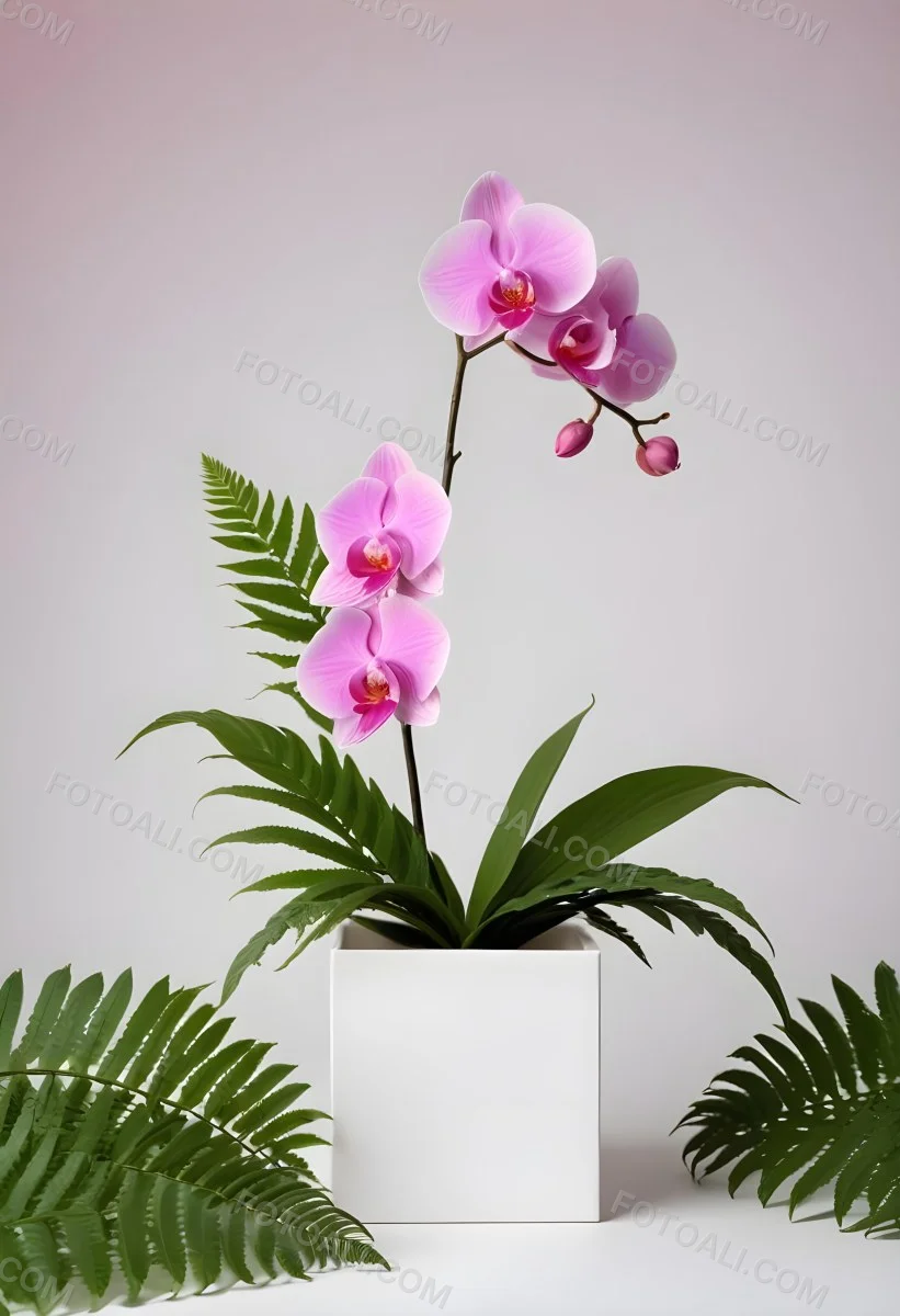 Minimal Soft Studio Light Photography A White Cube Shaped Box With A Pink Orchid Flower On A White Background With A Fern Leaf High Detail Solid Bold Color Background 1 E002