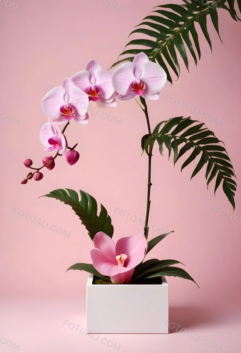 Minimal Soft Studio Light Photography A White Cube Shaped Box With A Pink Orchid Flower On A White Background With A Fern Leaf High Detail Solid Bold Color Background 11 3faa
