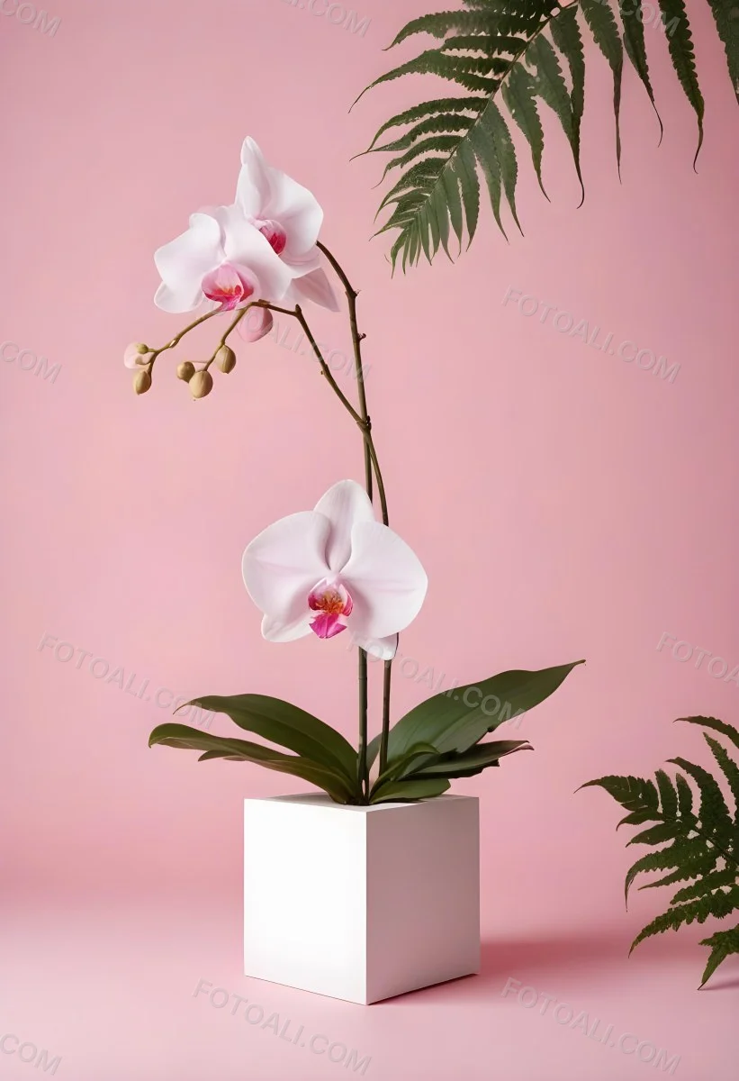 Minimal Soft Studio Light Photography A White Cube Shaped Box With A Pink Orchid Flower On A White Background With A Fern Leaf High Detail Solid Bold Color Background 2 5d7c