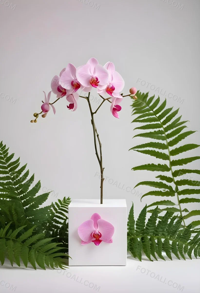 Minimal Soft Studio Light Photography A White Cube Shaped Box With A Pink Orchid Flower On A White Background With A Fern Leaf High Detail Solid Bold Color Background 20 Bf33