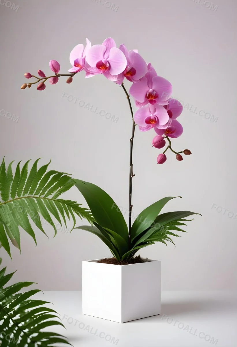 Minimal Soft Studio Light Photography A White Cube Shaped Box With A Pink Orchid Flower On A White Background With A Fern Leaf High Detail Solid Bold Color Background 21 90da