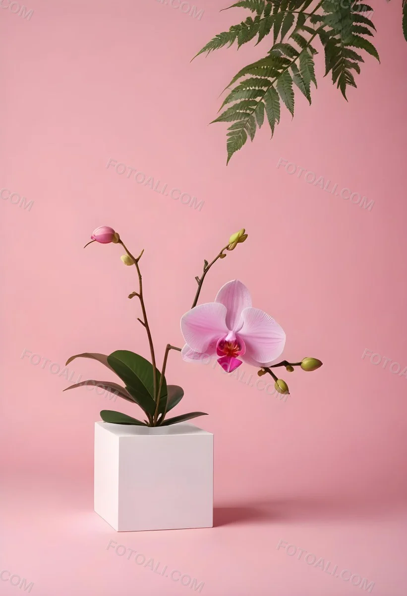Minimal Soft Studio Light Photography A White Cube Shaped Box With A Pink Orchid Flower On A White Background With A Fern Leaf High Detail Solid Bold Color Background 24 7be2