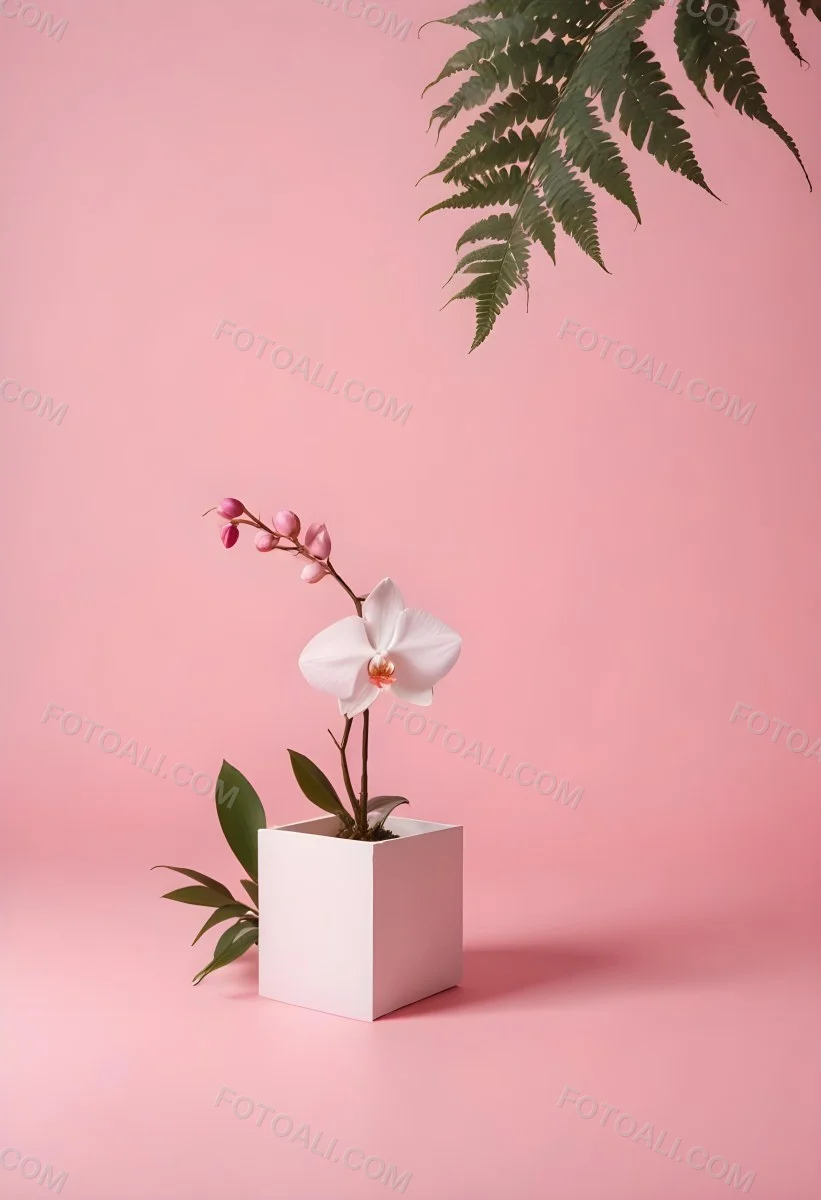 Minimal Soft Studio Light Photography A White Cube Shaped Box With A Pink Orchid Flower On A White Background With A Fern Leaf High Detail Solid Bold Color Background 27 9924