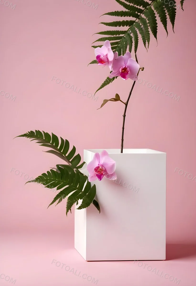 Minimal Soft Studio Light Photography A White Cube Shaped Box With A Pink Orchid Flower On A White Background With A Fern Leaf High Detail Solid Bold Color Background 29 2acf