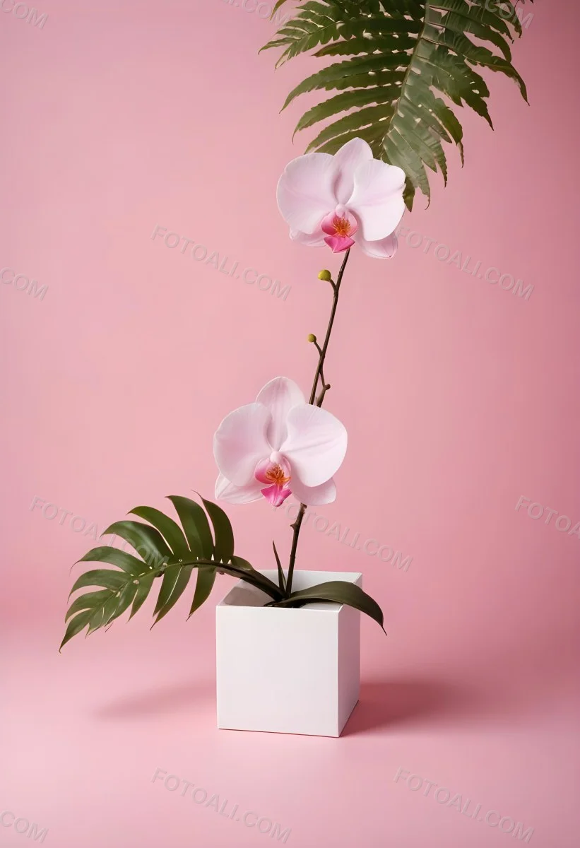 Minimal Soft Studio Light Photography A White Cube Shaped Box With A Pink Orchid Flower On A White Background With A Fern Leaf High Detail Solid Bold Color Background 30 1f95