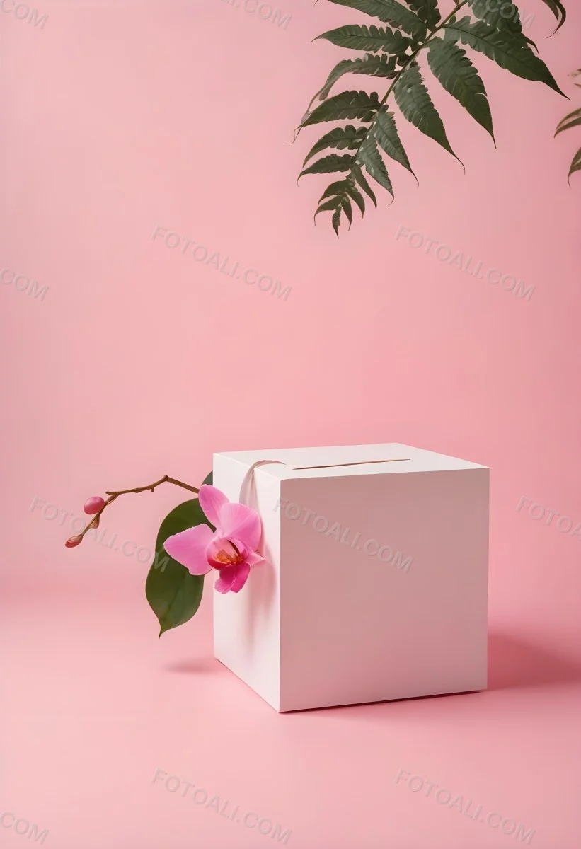 Minimal Soft Studio Light Photography A White Cube Shaped Box With A Pink Orchid Flower On A White Background With A Fern Leaf High Detail Solid Bold Color Background 31 F72a