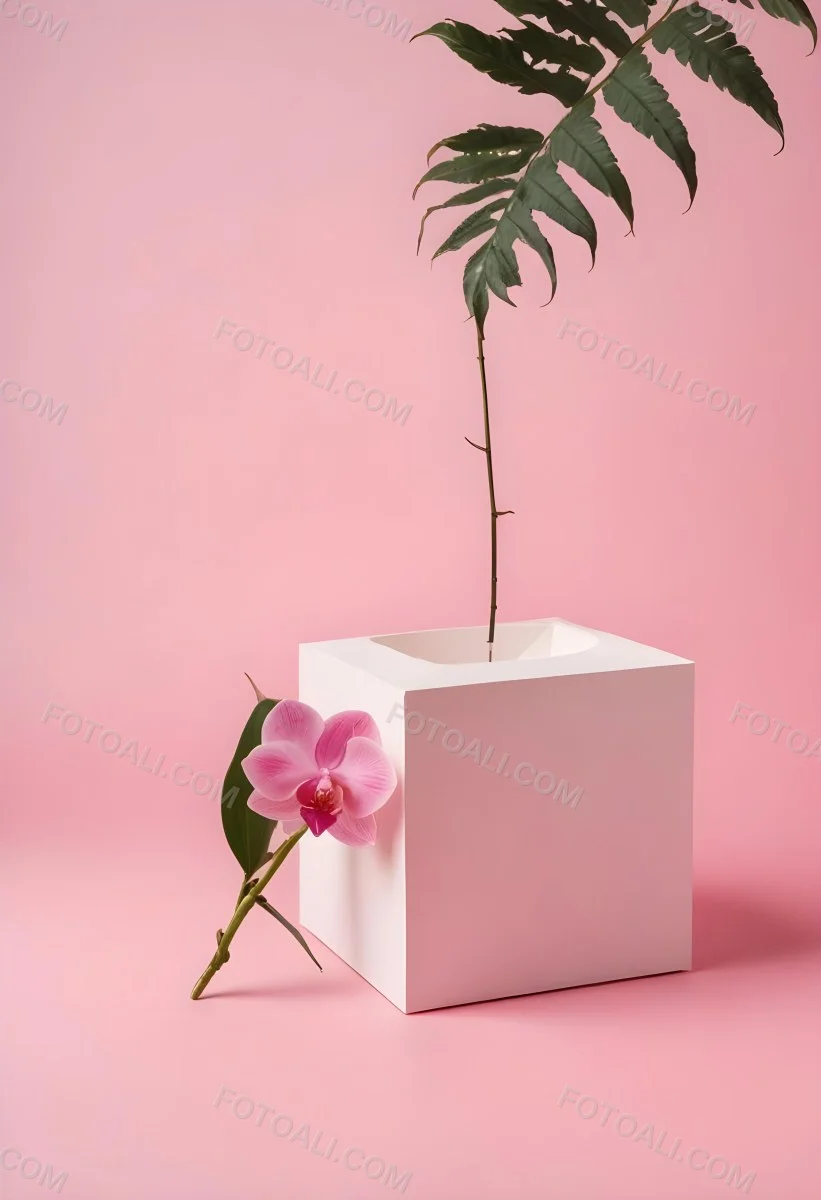 Minimal Soft Studio Light Photography A White Cube Shaped Box With A Pink Orchid Flower On A White Background With A Fern Leaf High Detail Solid Bold Color Background 32 A708