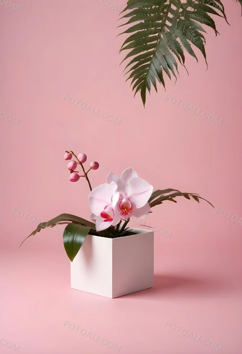 Minimal Soft Studio Light Photography A White Cube Shaped Box With A Pink Orchid Flower On A White Background With A Fern Leaf High Detail Solid Bold Color Background 33 6943