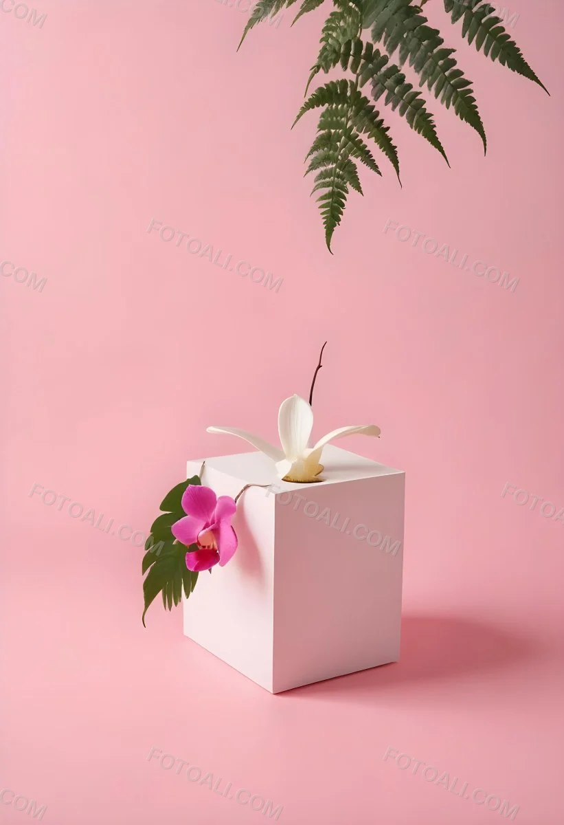 Minimal Soft Studio Light Photography A White Cube Shaped Box With A Pink Orchid Flower On A White Background With A Fern Leaf High Detail Solid Bold Color Background 34 Ccc1