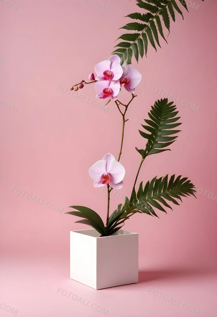 Minimal Soft Studio Light Photography A White Cube Shaped Box With A Pink Orchid Flower On A White Background With A Fern Leaf High Detail Solid Bold Color Background 4 5727