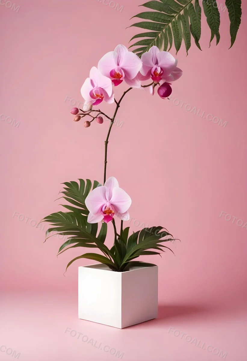 Minimal Soft Studio Light Photography A White Cube Shaped Box With A Pink Orchid Flower On A White Background With A Fern Leaf High Detail Solid Bold Color Background 6 60dc