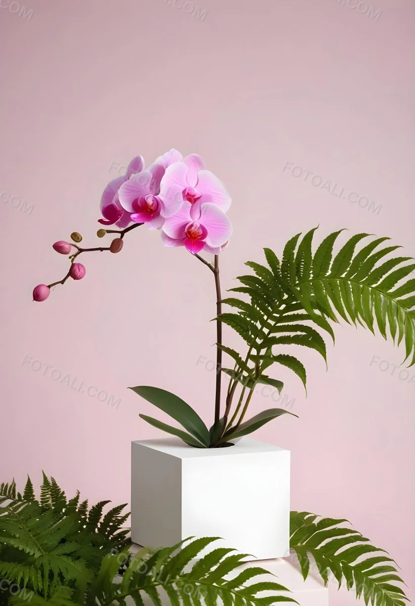 Minimal Soft Studio Light Photography A White Cube Shaped Box With A Pink Orchid Flower On A White Background With A Fern Leaf High Detail Solid Bold Color Background 8 704b
