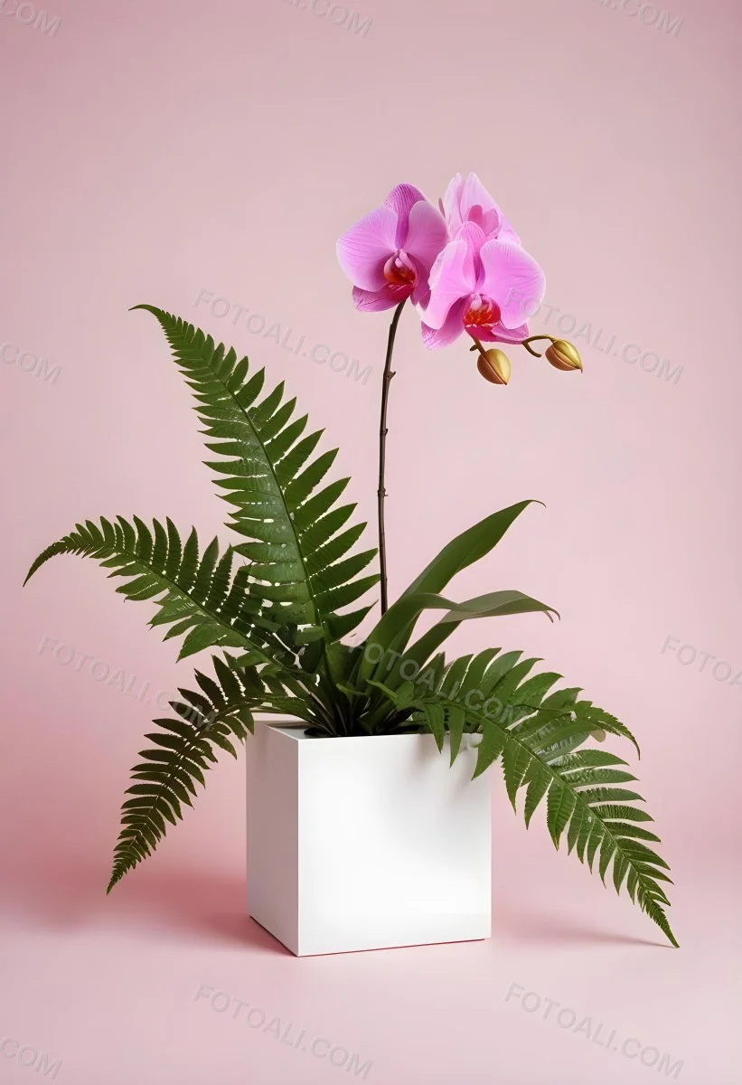 Minimal Soft Studio Light Photography A White Cube Shaped Box With A Pink Orchid Flower On A White Background With A Fern Leaf High Detail Solid Bold Color Background 9 8d92