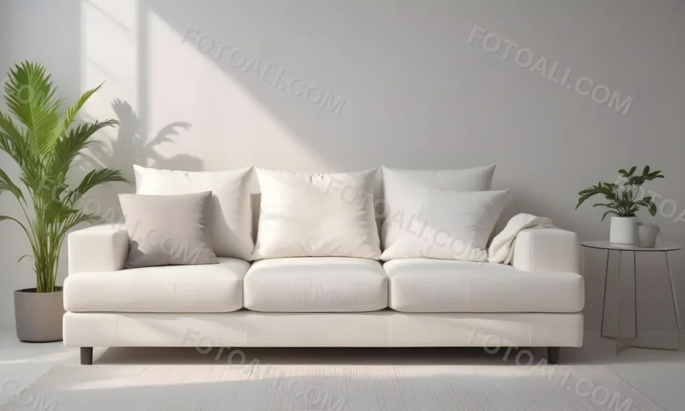 Minimal Soft Studio Light Photography A White Modern Sofa With Several Throw Pillows In A Minimalist Living Room Setting High Detail Solid Bold Color Background 1 2ebc