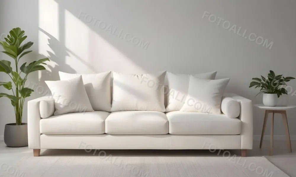 Minimal Soft Studio Light Photography A White Modern Sofa With Several Throw Pillows In A Minimalist Living Room Setting High Detail Solid Bold Color Background 14 260f