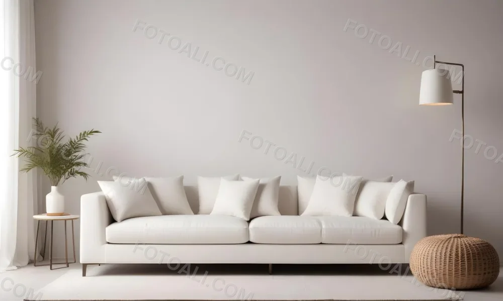 Minimal Soft Studio Light Photography A White Modern Sofa With Several Throw Pillows In A Minimalist Living Room Setting High Detail Solid Bold Color Background 5 Fbc4