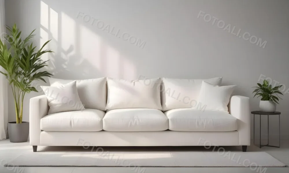 Minimal Soft Studio Light Photography A White Modern Sofa With Several Throw Pillows In A Minimalist Living Room Setting High Detail Solid Bold Color Background 6 C716